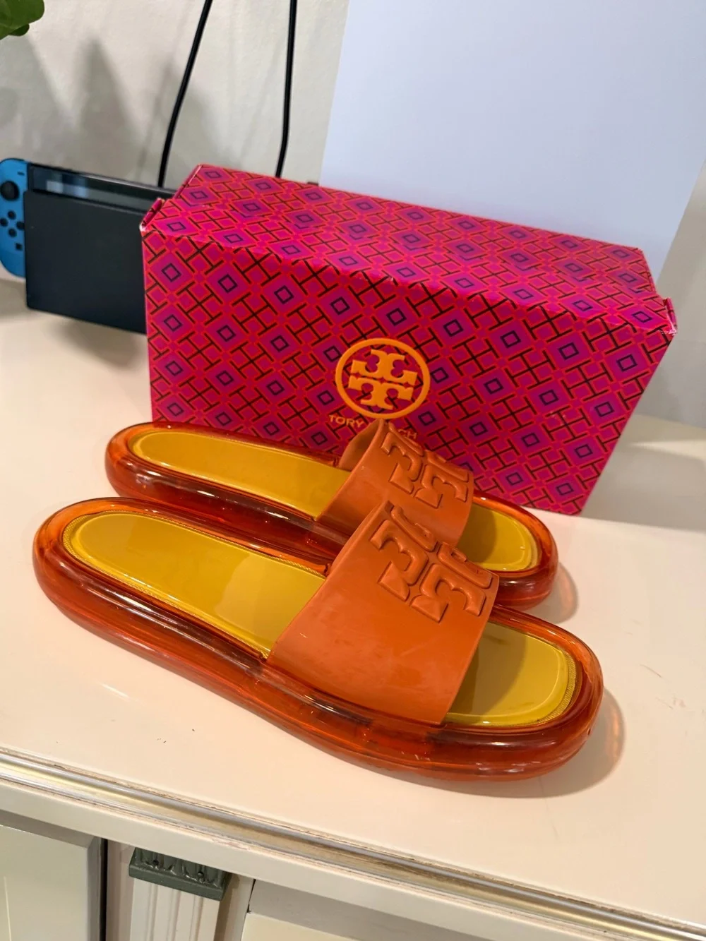 Orange Logo Slide Sandals with Yellow Footbed